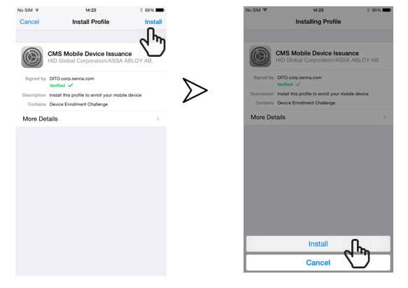 Two iPhone screens showing the installation of the profile during CMS Mobile Device Issuance: the first shows a hand icon pointing to the Install clickable link in the top right corner, and the second showing a hand icon pointing to an Install button at the bottom of the screen